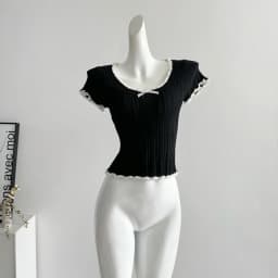 Women's Short Sleeve Ribbed Knit Top with Bow Front Pointelle Fitted Crop Shirt Teen-girl Balletcore Y2K 90s Basic Outfit