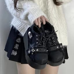2024 New Y2K Star Print Chunky Platform Ankle Boots Women Metal Chain Blue Denim Boots Woman Cute Thick Bottom Jk Lolita Shoes