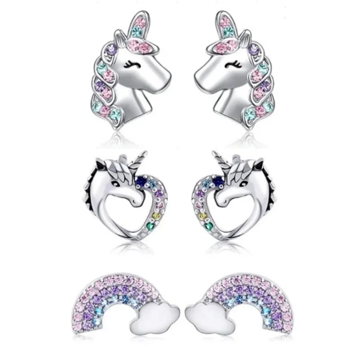 EVISPOL 2-6Pcs 316 Stainless Steel Cute Heart-Shaped Unicorn Stud Earrings for Women Hypoallergenic CZ Rainbow Earring Studs