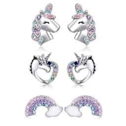 EVISPOL 2-6Pcs 316 Stainless Steel Cute Heart-Shaped Unicorn Stud Earrings for Women Hypoallergenic CZ Rainbow Earring Studs