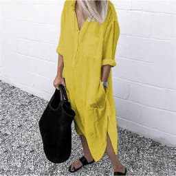 Women Elegant Cotton Linen Solid Color Dresses Summer Comfortable Female Casual Commuter Dress Multi-pocket Split Hem Loose Gown