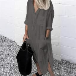 Women Elegant Cotton Linen Solid Color Dresses Summer Comfortable Female Casual Commuter Dress Multi-pocket Split Hem Loose Gown