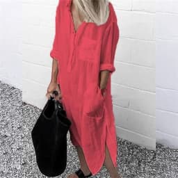 Women Elegant Cotton Linen Solid Color Dresses Summer Comfortable Female Casual Commuter Dress Multi-pocket Split Hem Loose Gown