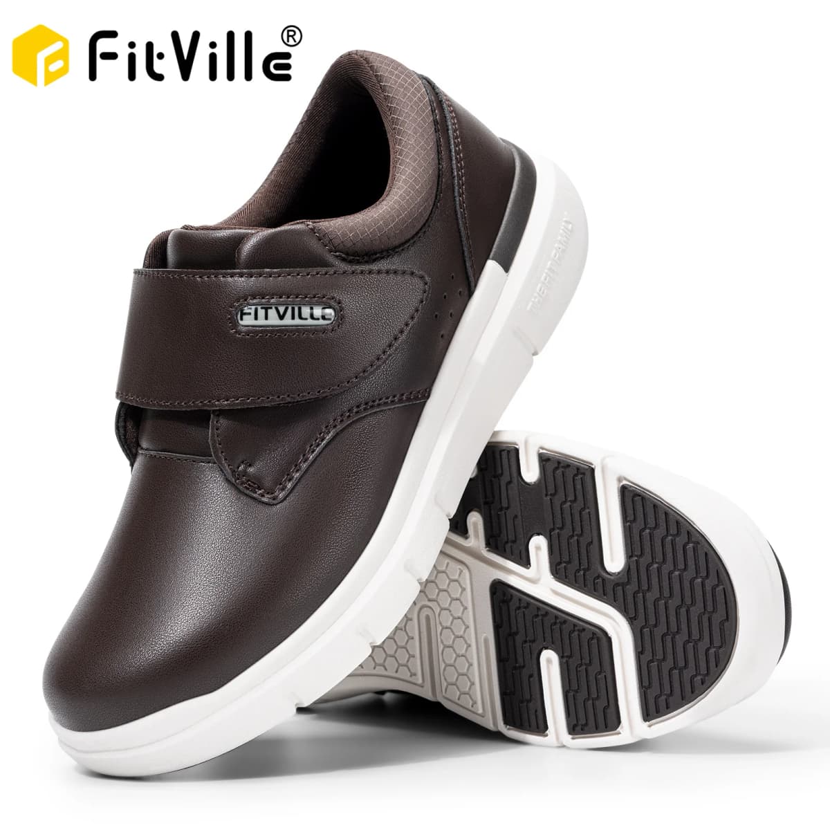 FitVille Men's Leather Shoes Diabetic Shoes Extra Wide Slip On Shoes for Orthopedic Toes Swollen Feet Non-Slip Lightweight