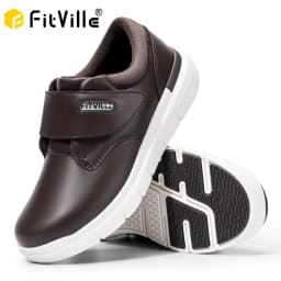 FitVille Men's Leather Shoes Diabetic Shoes Extra Wide Slip On Shoes for Orthopedic Toes Swollen Feet Non-Slip Lightweight