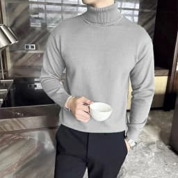 Korean Fashion Autumn Winter Sweaters Men Pullovers Fleece Turtleneck Knitted Sweatshirt Warm Bottoming Shirts