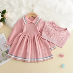 Bear Leader Kids Dresses for Girls Pearl Button Tricolor Striped Lapel Knit Skirt Winter College Style Children's Clothing