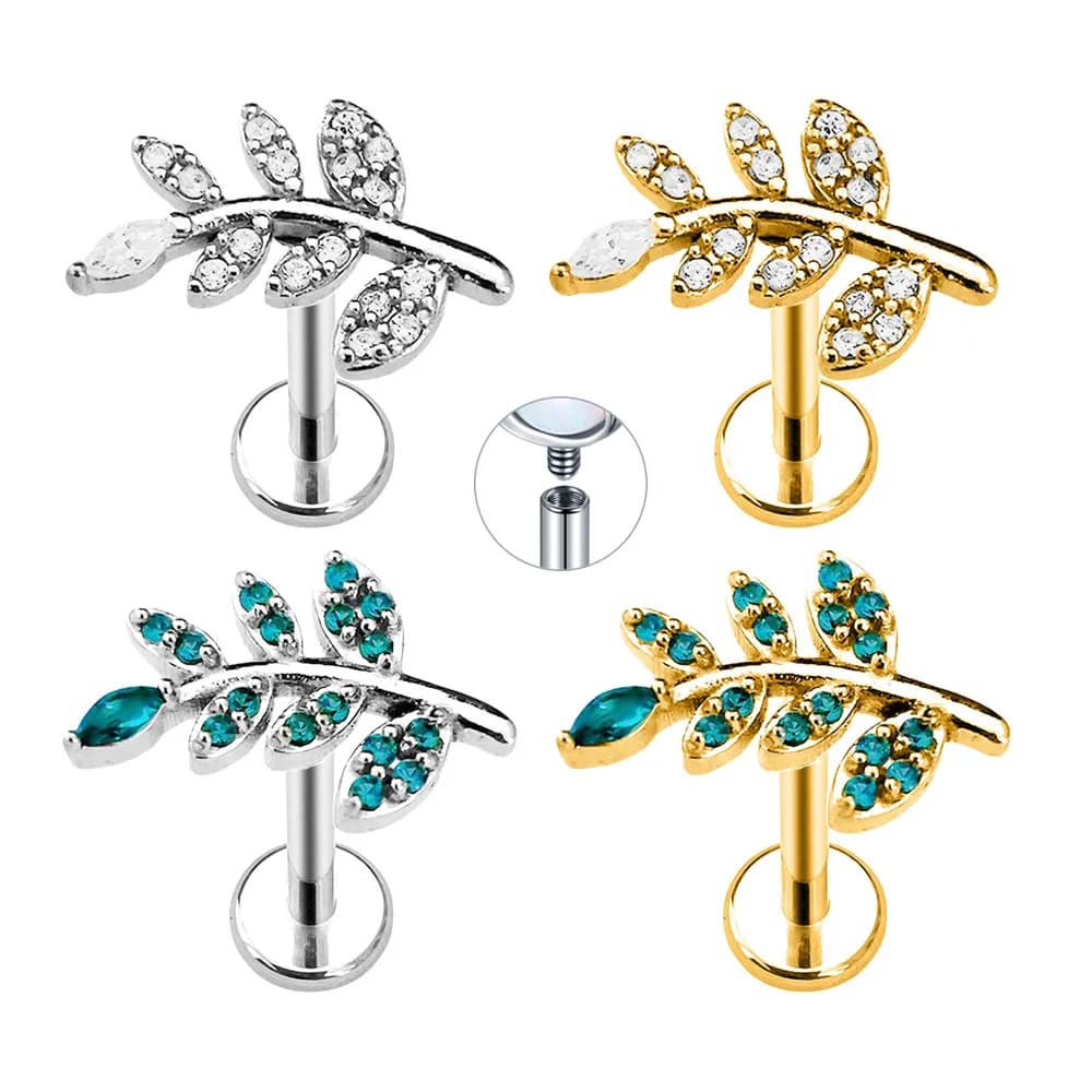 Branch Leaf Labret Piercing Internal Thread Flower Petals Lip Stud Daith Conch Earring Flat Back Jewelry 316L Surgical Steel 16G