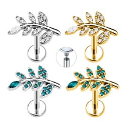 Branch Leaf Labret Piercing Internal Thread Flower Petals Lip Stud Daith Conch Earring Flat Back Jewelry 316L Surgical Steel 16G