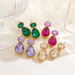 Stainless Steel Light Luxury Gold-Plated Teardrop Candy Color Stone Dangle Earrings Women Statement Delicate Bling Jewelry