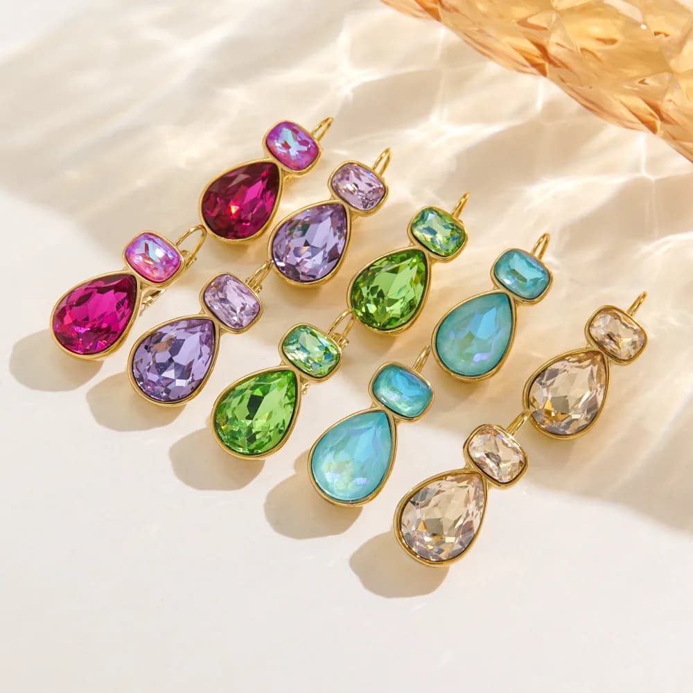 Stainless Steel Light Luxury Gold-Plated Teardrop Candy Color Stone Dangle Earrings Women Statement Delicate Bling Jewelry