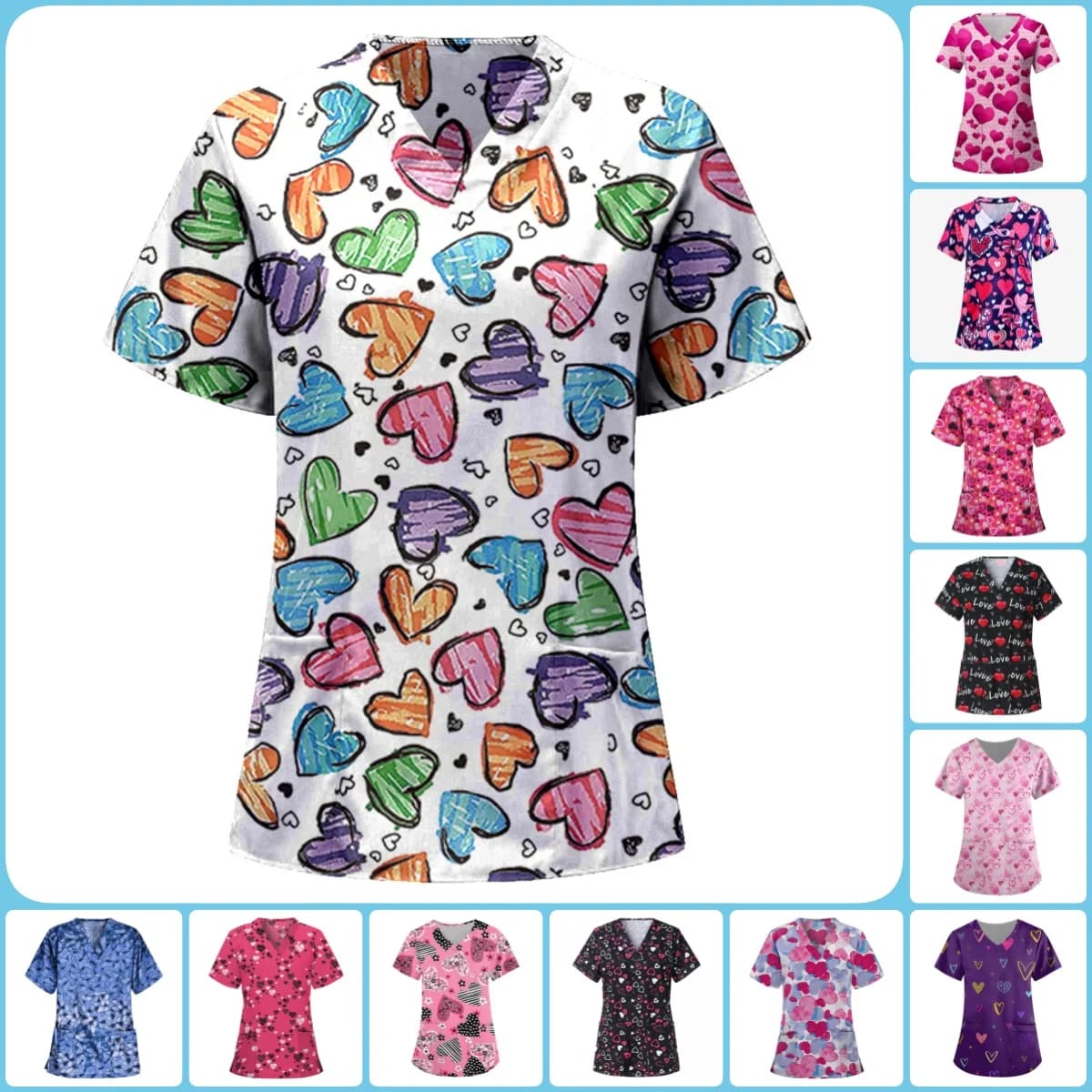 Uniforms Women Medical Elegant Heart Print Obstetrics Medico Top Fashion V-Neck Short Sleeve with Pocket Clinical Uniforms Woman