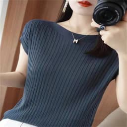 2024 New One Word Neck Ice Silk Knitted Short Sleeve Women's Summer Thin Wear Versatile T-shirt Top Loose Half Sleeve