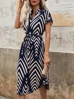 2024 Summer New Fashion Clothing Women's Elegant And Casual V-neck Short Sleeved Stripe Belt Comfortable Dress