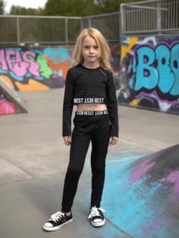 Children's clothing girls' fashion set with English printed round neck long sleeves and black slim fit pants 2-piece set