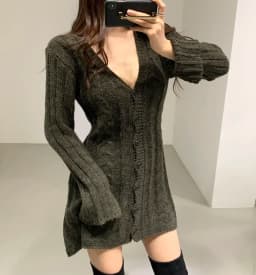 Sweater Dress for Women Long Sleeve Cable Knit Button Down Fitted Mini Dress Teen-girl Fall Winter Retro 90s Outfit