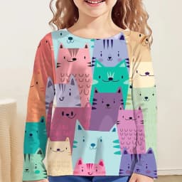 Girl Clothes Girl T-Shirt Kawail Animals Cats Print Long Sleeve Kids Autumn Clothes Fashion Casual Boy Girl Cute Round Neck Tops