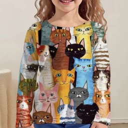 Girl Clothes Girl T-Shirt Kawail Animals Cats Print Long Sleeve Kids Autumn Clothes Fashion Casual Boy Girl Cute Round Neck Tops