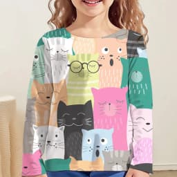 Girl Clothes Girl T-Shirt Kawail Animals Cats Print Long Sleeve Kids Autumn Clothes Fashion Casual Boy Girl Cute Round Neck Tops