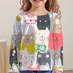 Girl Clothes Girl T-Shirt Kawail Animals Cats Print Long Sleeve Kids Autumn Clothes Fashion Casual Boy Girl Cute Round Neck Tops