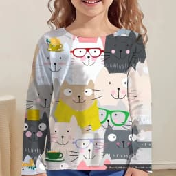 Girl Clothes Girl T-Shirt Kawail Animals Cats Print Long Sleeve Kids Autumn Clothes Fashion Casual Boy Girl Cute Round Neck Tops