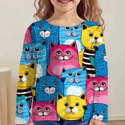 Girl Clothes Girl T-Shirt Kawail Animals Cats Print Long Sleeve Kids Autumn Clothes Fashion Casual Boy Girl Cute Round Neck Tops