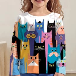 Girl Clothes Girl T-Shirt Kawail Animals Cats Print Long Sleeve Kids Autumn Clothes Fashion Casual Boy Girl Cute Round Neck Tops