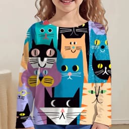 Girl Clothes Girl T-Shirt Kawail Animals Cats Print Long Sleeve Kids Autumn Clothes Fashion Casual Boy Girl Cute Round Neck Tops