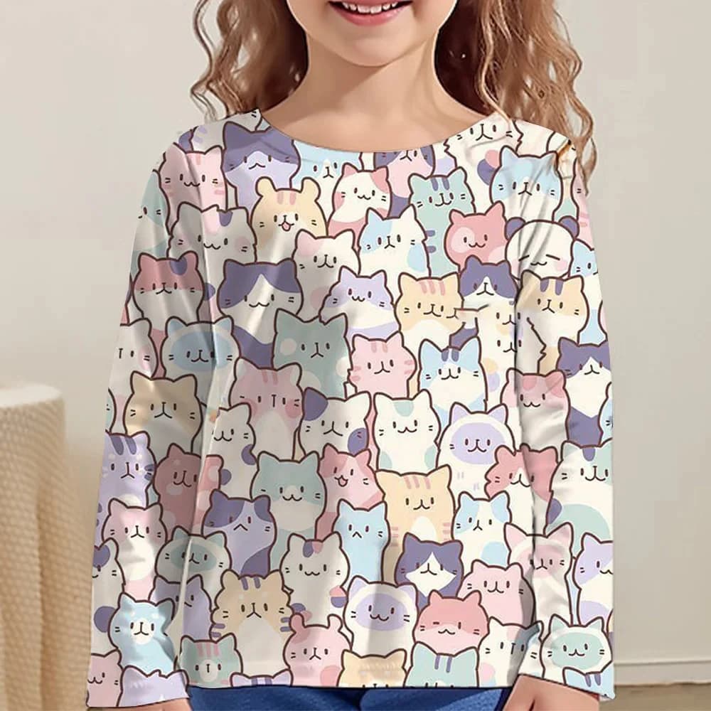 Girl Clothes Girl T-Shirt Kawail Animals Cats Print Long Sleeve Kids Autumn Clothes Fashion Casual Boy Girl Cute Round Neck Tops