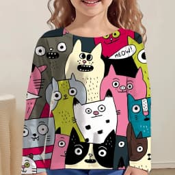 Girl Clothes Girl T-Shirt Kawail Animals Cats Print Long Sleeve Kids Autumn Clothes Fashion Casual Boy Girl Cute Round Neck Tops