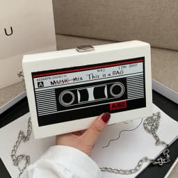 Women Cute Sling Bag Radio Shape Mini Chain Purse PU Leather Tape Recorder Print Ladies Daily Commute Bag