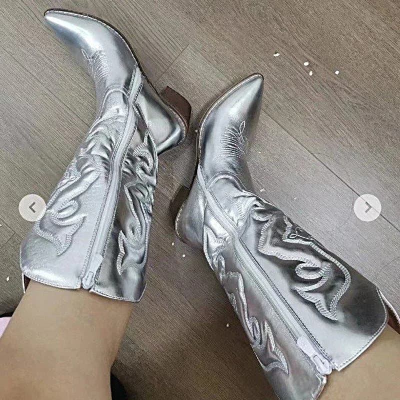 Gold Mid-calf Boots Woman Side Zipper Silver Pointed Western Cowboy Boots Retro Fashion Black Boots Plus Size 36-43 Women Boots