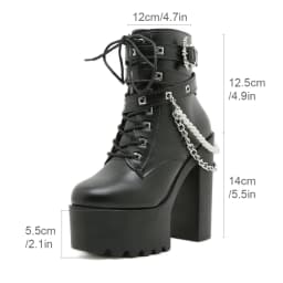 Gdgydh Women's PU Leather High Heel Platform Ankle Boots Fashion Chain Stylish Gothic Punk Lace-Up Chunky Heel Booties with Zip