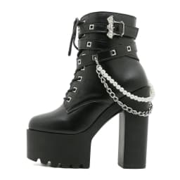 Gdgydh Women's PU Leather High Heel Platform Ankle Boots Fashion Chain Stylish Gothic Punk Lace-Up Chunky Heel Booties with Zip