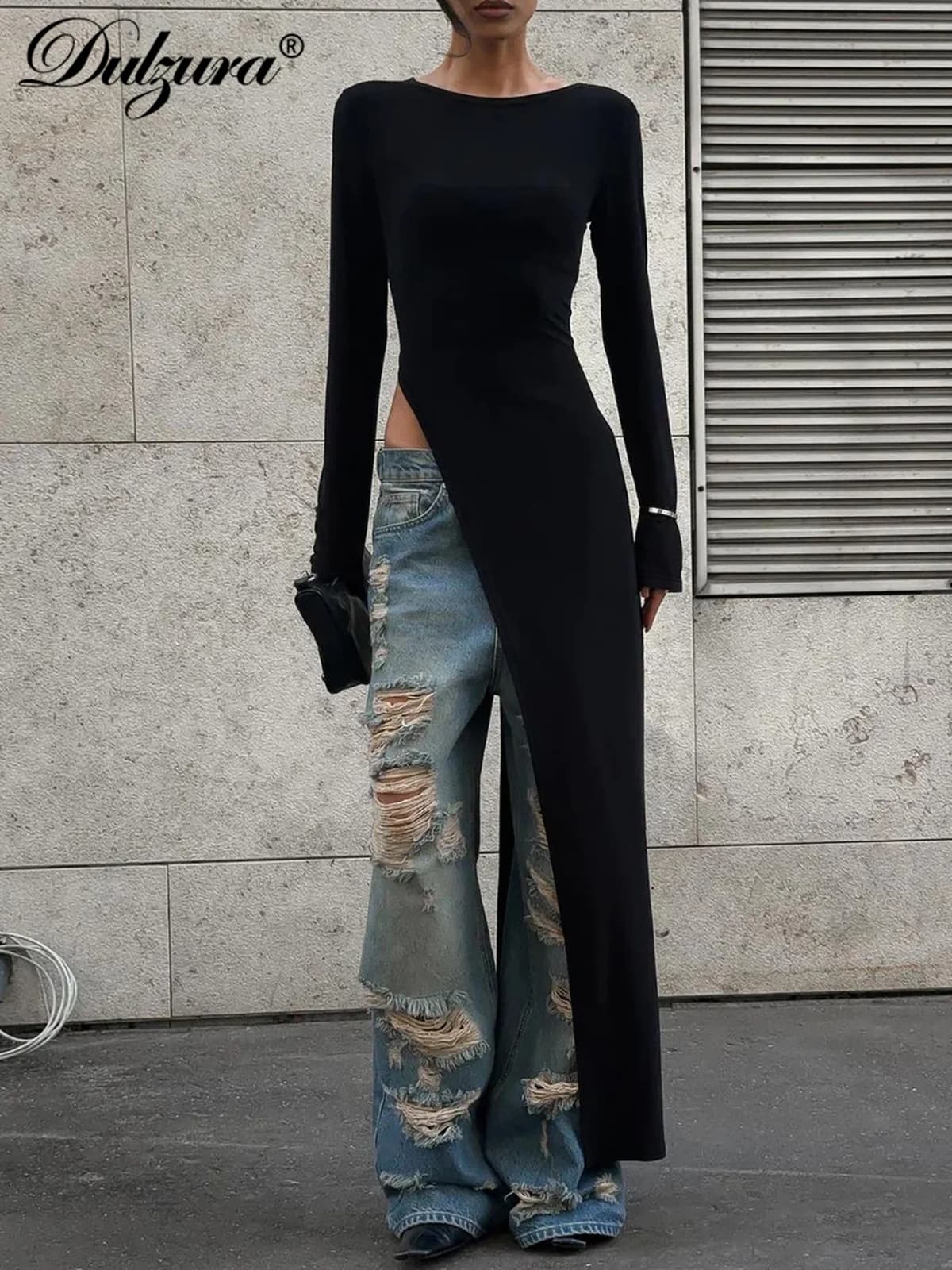 Dulzura Long Sleeves Side High Slit Maxi Dress Solid Sexy Long Dress Women’S Party Club Streetwear Autumn Winter Outfit