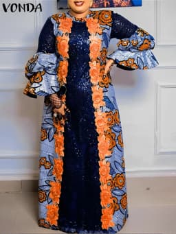 2024 VONDA Bohemian Ruffles Maxi Dresses Women Casual Flared Long Sleeve Vestidos Round Neck Loose Print Sundress Pleated Robes