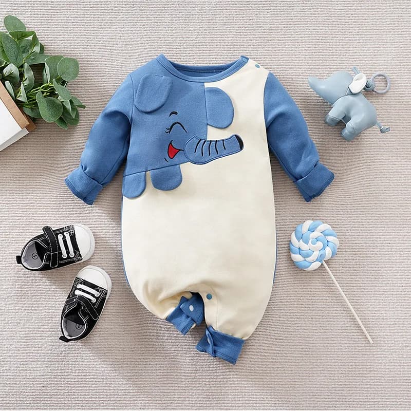 Newborn Baby Boy Autumn Jumpsuit With Embroidered Elephant Ears Long Sleeved Round Neck Jumpsuit Casual Baby Cotton Clothing