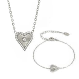Vintage Heart Pendant Necklace Bracelet For Women Zircon Waterproof Stainless Steel Chain Banquet Daily Jewelry Gift