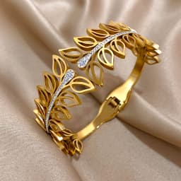 Exaggerated Rhinestone Leaves Stainless Steel Bangle Bracelet for Women Elegant Gold Silver Color Cuff Bracelets Jewelry Gifts