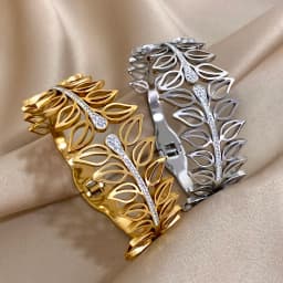 Exaggerated Rhinestone Leaves Stainless Steel Bangle Bracelet for Women Elegant Gold Silver Color Cuff Bracelets Jewelry Gifts