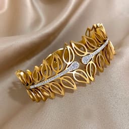 Exaggerated Rhinestone Leaves Stainless Steel Bangle Bracelet for Women Elegant Gold Silver Color Cuff Bracelets Jewelry Gifts
