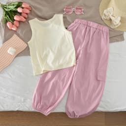 Bear Leader Summer Solid Color Girls Clothes 3-7 Years Button Decoration Sleeveless Vest+Pink Casual Pants Children's Set