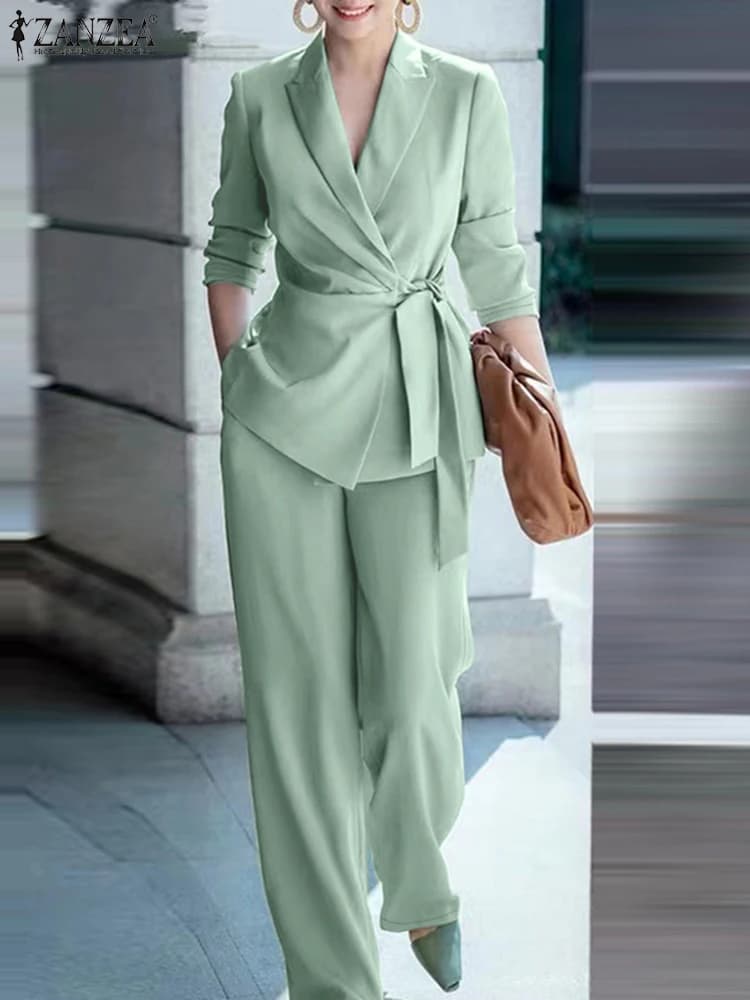 ZANZEA Classy Office Lady Blazer Suits Elegant Women Tied Waist Top and Pant 2pcs Outfit 2025 Trend Streetwear Commute Pant Sets