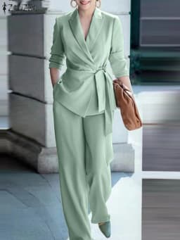ZANZEA Classy Office Lady Blazer Suits Elegant Women Tied Waist Top and Pant 2pcs Outfit 2025 Trend Streetwear Commute Pant Sets