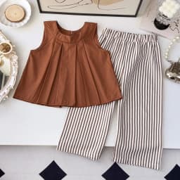 Bear Leader Khaki Vest+Striped Wide Leg Pants Summer Two-piece Set Daily Simple Sleeveless Children's Clothing for 3-7 Years Old