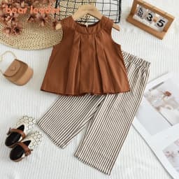 Bear Leader Khaki Vest+Striped Wide Leg Pants Summer Two-piece Set Daily Simple Sleeveless Children's Clothing for 3-7 Years Old