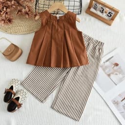 Bear Leader Khaki Vest+Striped Wide Leg Pants Summer Two-piece Set Daily Simple Sleeveless Children's Clothing for 3-7 Years Old