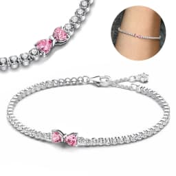2026 Valentine New 925 Silver Pink Bow Full Diamond Bracelet Original 17-20CM Fit DIY Charm Women Birthday Jewelry Gifts