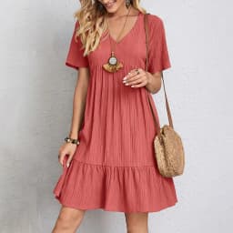 2025 Loose V-neck Short Sleeved Pleated Women Dress Solid Color A-line Beach Dresses Elegant Simple Comfortable Woman Clothing