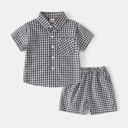 2PCS Summer Kids Boys Plaid Set Turn Down Collar Boys Polo Style Short Sleeve T-shirt + Shorts Children Polo Tee Outfit